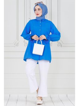 Arkası Pileli Kolu Büzgülü Mavi Tunik