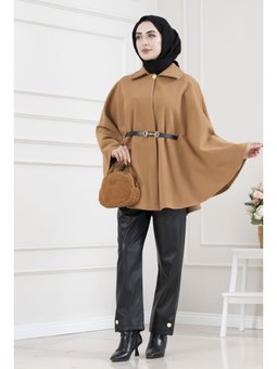 Beli Kemerli Kaşe Taba Panço