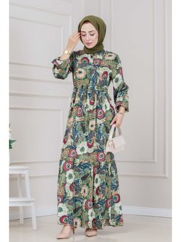 Beli Tünelli Çiçekli Viscon Yeşil Elbise