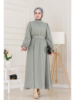 Kolu Volanlı Kemerli Henna Gri Elbise