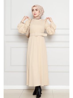 Omuzu Fırfır Kemerli Bej Elbise