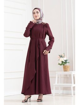 Omuzu Toka Detaylı Bordo Elbise