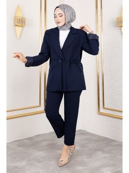 Bağlama Detaylı Blazer Lacivert Takım