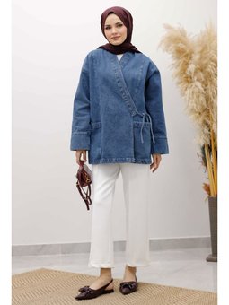Cepli Yandan Bağlamalı Kot Mavi Ceket