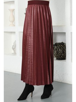 Deri Görünümlü Pileli Bordo Etek