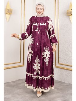 Düğmeli Viskon Mürdüm Elbise