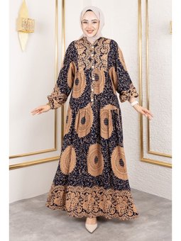 Varak Desenli Viskon Lacivert Elbise