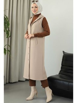 Düğmeli Zincir Detaylı Kaşe Yelek Bej