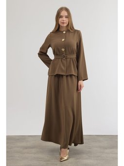 Gold Düğme Detaylı Etek Bluz Haki Takım
