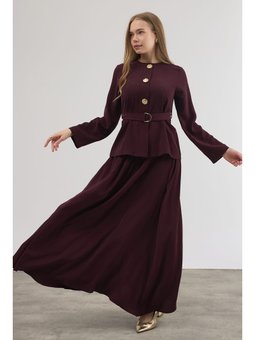 Gold Düğme Detaylı Etek Bluz Mürdüm Takım