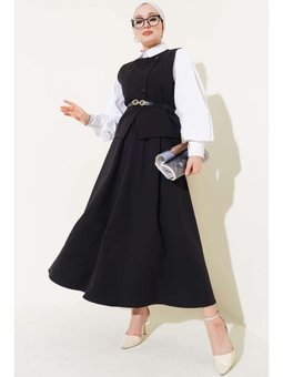 Çapraz Düğmeli Kemerli Etekli İkili Siyah Takım