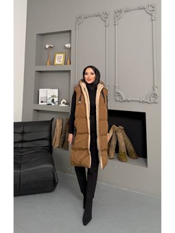 Çift Taraflı Dolgulu Kapüşonlu Dokuma Bej Yelek Kahverengi