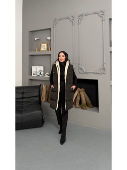 Çift Taraflı Dolgulu Kapüşonlu Dokuma Bej Yelek Siyah