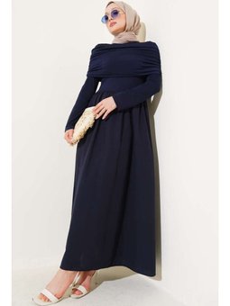 Çıkarılabilir Büzgü Detaylı Garnili Lacivert Elbise