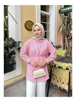 Çizgili Bel Bağlamalı Pembe Gömlek