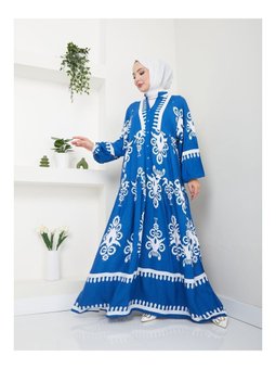Etnik Desenli Mavi Elbise