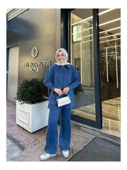 Geniş Paça Yırtmaçlı Fermuarlı Mavi Takım