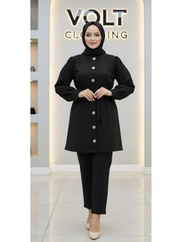 Metal Düğmeli Scuba Pantolonlu İkili Siyah Takım