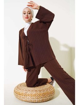 Önü Bağlamalı Kimono İkili Kahverengi Takım