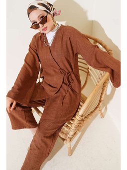Yandan Bağlamalı Kimono İkili Kahverengi Takım