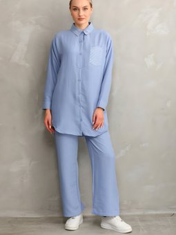 Bebe Mavi Yazlık İkili Taşlı Tunik Pantolon Takım