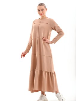 Bej Bloklu Uzun Salaş Fırfırlı Elbise