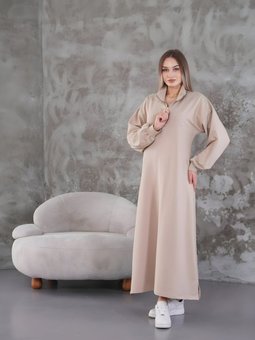 Bej Spor Hakim Yaka Boğazlı Yarım Fermuar Elbise