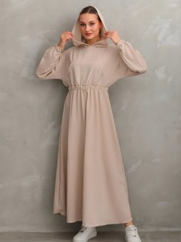 Bej Yazlık Keten Spor Kapüşonlu Belden Büzgülü Cepli Elbise