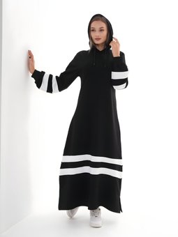 Beyaz Spor Balon Kol İki İplik Şeritli Elbise