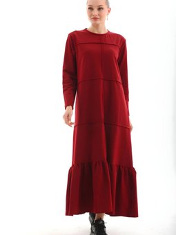 Bordo Bloklu Uzun Spor Salaş Eteği Fırfırlı Elbise