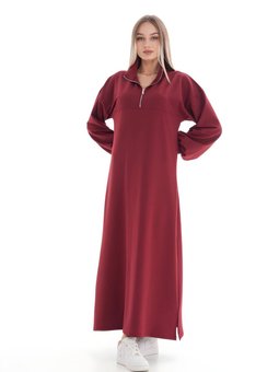 Bordo Boğazlı Spor Yarım Fermuar Hakim Yaka Elbise