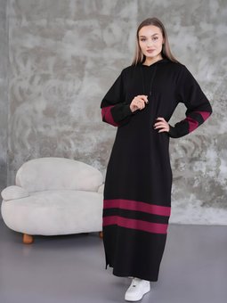 Bordo Şeritli Spor Balon Kol Elbise