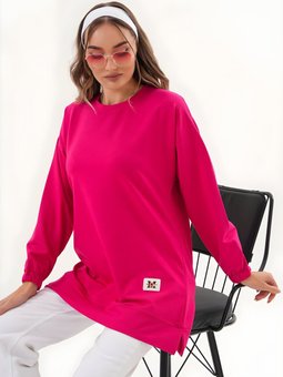 Fuşya Düz Bisiklet Yaka Uzun Kol Basic Sweatshirt Tunik
