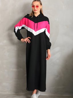 Fuşya V Desen Bloklu Uzun Spor Elbise