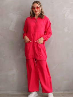 Fuşya Yazlık Keten Trençkot Pantolon Alt Üst İkili Takım