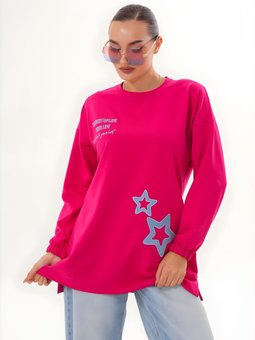 Fuşya Yıldız Desenli Bisiklet Yaka Sweatshirt Tunik