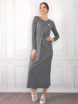 Gri Bağcıklı Yıldızlı Yaka Elbise