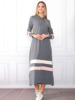 Gri Kapüşonlu Kol Ve Etek Şeritli Elbise