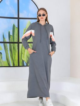Gri Tam Uzun Kapüşonlu Elbise