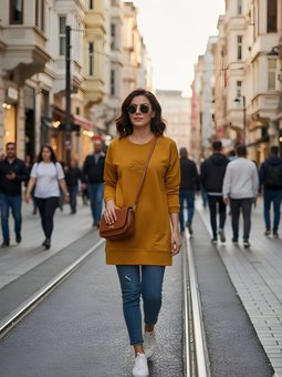 Hardal Kabartma Baskılı Bisiklet Yaka Uzun Kol Sweatshirt Tunik