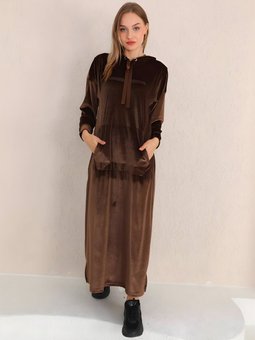Kahverengi Taş Baskılı Uzun Kanguru Cep Kadife Elbise