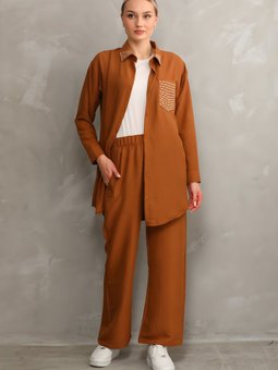 Kiremit Yazlık İkili Taşlı Tunik Pantolon Takım