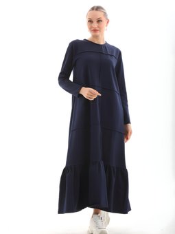 Lacivert Bloklu Uzun Spor Salaş Eteği Fırfırlı Elbise