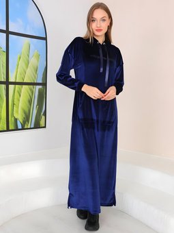 Lacivert Taş Baskılı Uzun Kanguru Cep Kadife Elbise