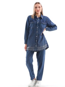 Mavi Kot Jean İkili Taş İşlemeli Takım