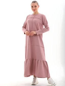 Pudra Bloklu Uzun Spor Salaş Eteği Fırfırlı Elbise