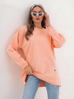 Pudra Düz Basic Bisiklet Yaka Uzun Kol Sweatshirt Tunik