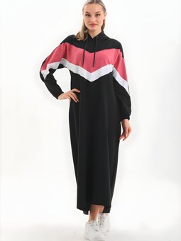 Pudra V Desen Bloklu Uzun Spor Elbise