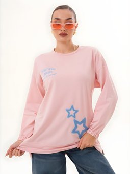 Pudra Yıldız Desenli Sweatshirt Bisiklet Yaka Tunik