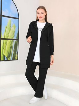 Siyah Kabartma Baskılı Spor Üçlü Takım